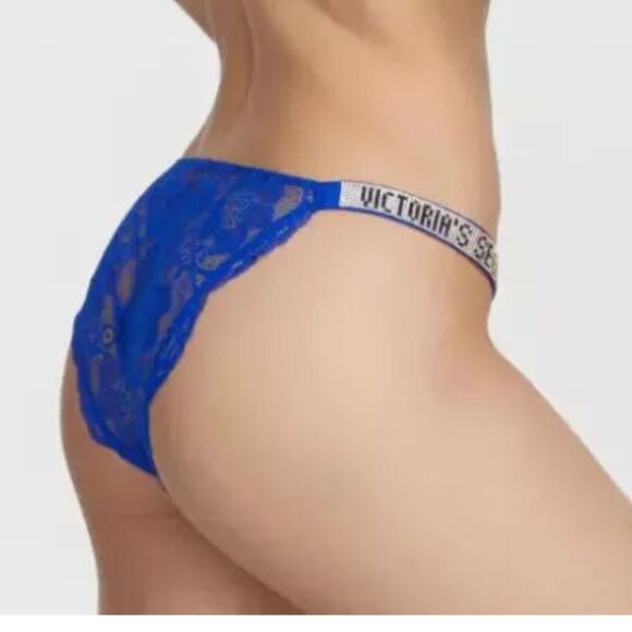 Victorias Secret Crystals Rhinestone Shine Strap Bikini Lace Panty blue Oar Lace - Picture 8 of 9